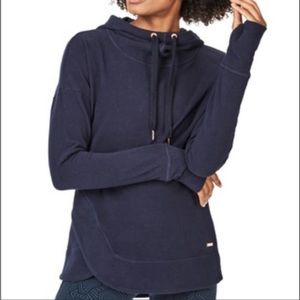EUC! Sweaty Betty Escape Hoodie Navy Blue Rose Gold Toned Hardware Size Small